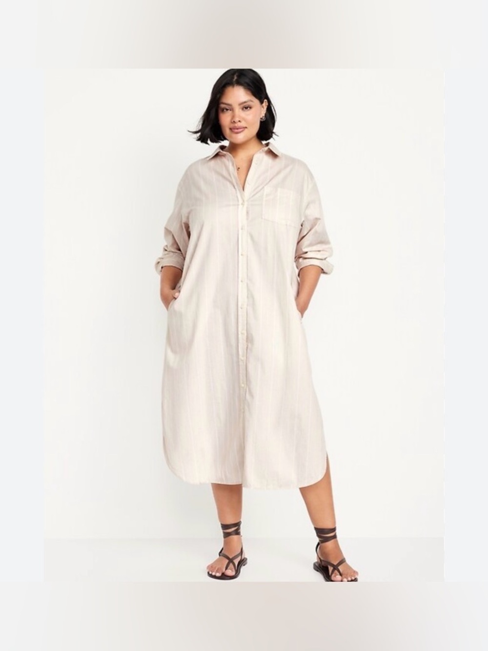 NWT Old Navy Midi Cotton Cream White Stripe Button Up Long Sleeve Shirt Dress